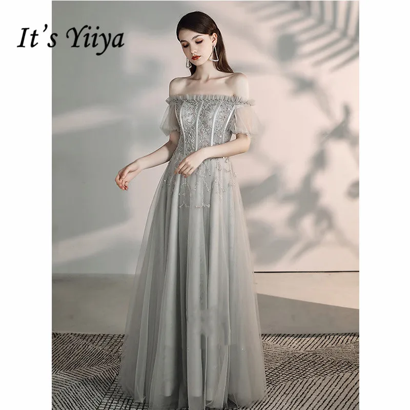 

It's Yiiya Evening Dress 2019 Short Sleeve Off Shoulder A-Line Floor Length Dress Elegant Embroidery Boat Neck Formal Gown E1099