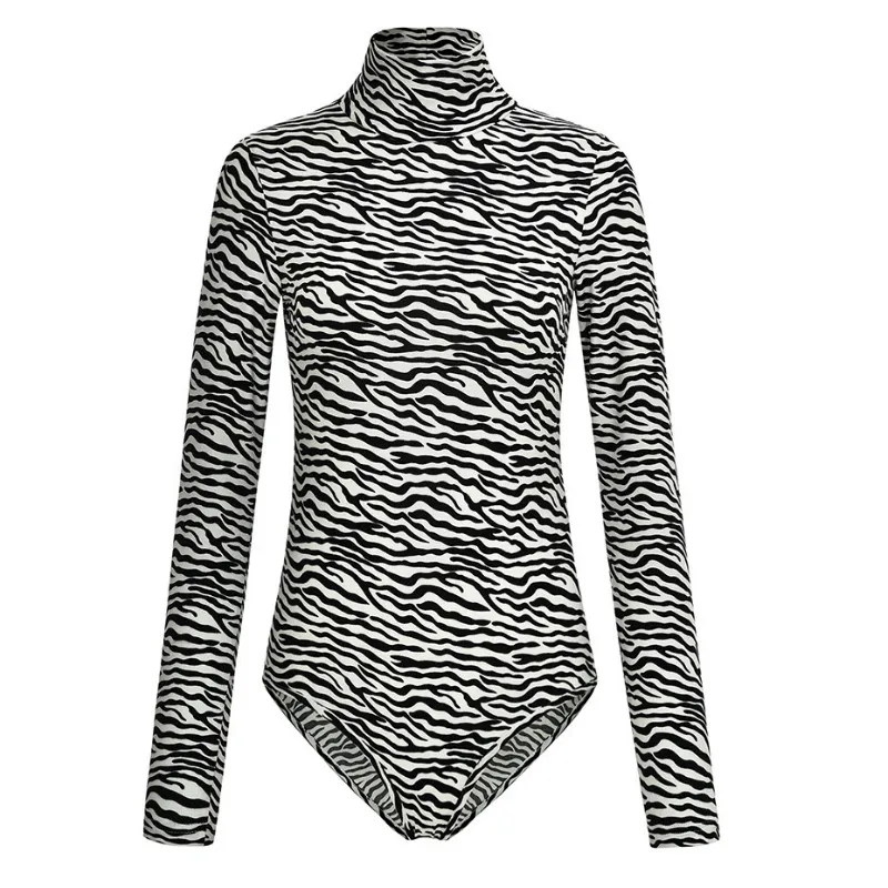 Комбинезон с леопардовым принтом, боди для женщин, сексуальный облегающий костюм, водолазка, длинный рукав, с принтом, Комбинезоны для девушек, комбинезоны PL058G - Цвет: Zebra Print