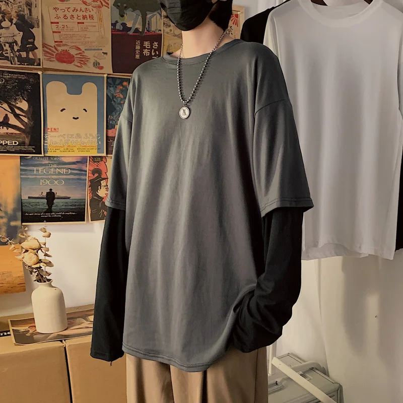 

Autumn Korean Patchwork Stripes Fake Two-Piece Loose Bottoming T Shirt Joker Long Sleeve Harajuku Clothes Male Youth Streetwear