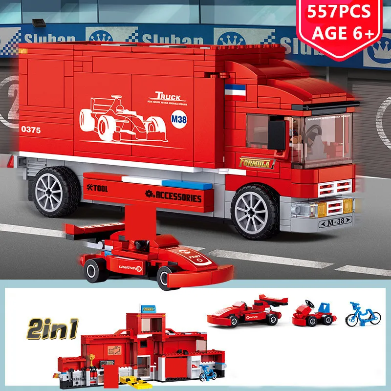 

557Pcs 2IN1 City F1 Formula Racing Car Transport Truck Car Building Blocks Sets Playmobil Bricks Educational Toys for Children