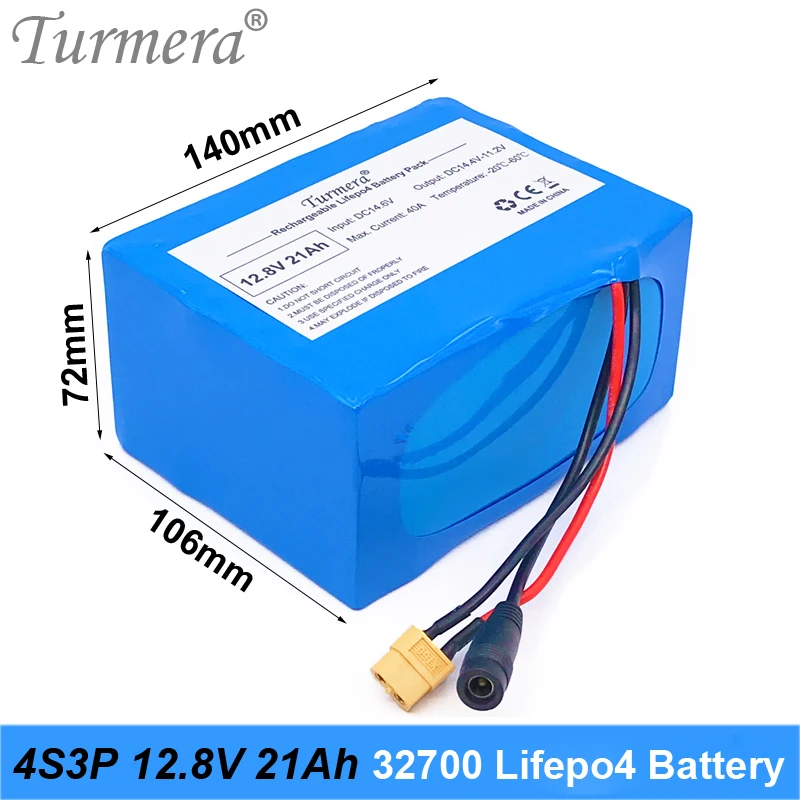 Turmera 32700 Lifepo4 Battery Pack 4S3P 12.8V 21Ah with 4S 40A Balanced BMS for Electric Boat and Uninterrupted Power Supply 16