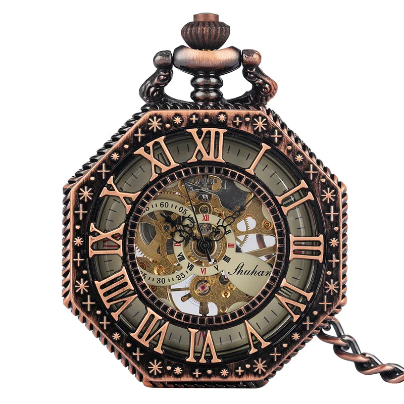 Vintage Red Copper Octagon Design Clock Skeleton Handwinding Mechanical Pocket Watch for Men Women Roman Number Half Huner Chain