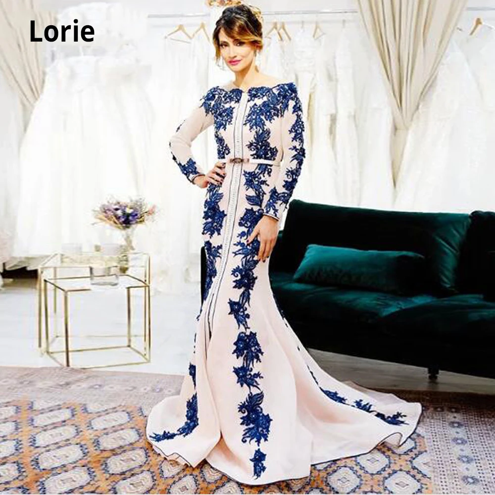 Lorie Dubai Blue Applqiues Pink Chiffon Kaftan Evening Dresses Mermaid Morrocan Formal Party Prom Gowns with Long Sleeve O-Neck | Свадьбы и