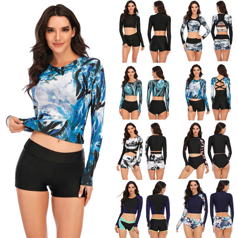 

Women Two Pieces Swimsuit Rash Guard Long Sleeve Swimwear Women Bathing Suit Floral Print Swimsuit Surfing Swim Shirts