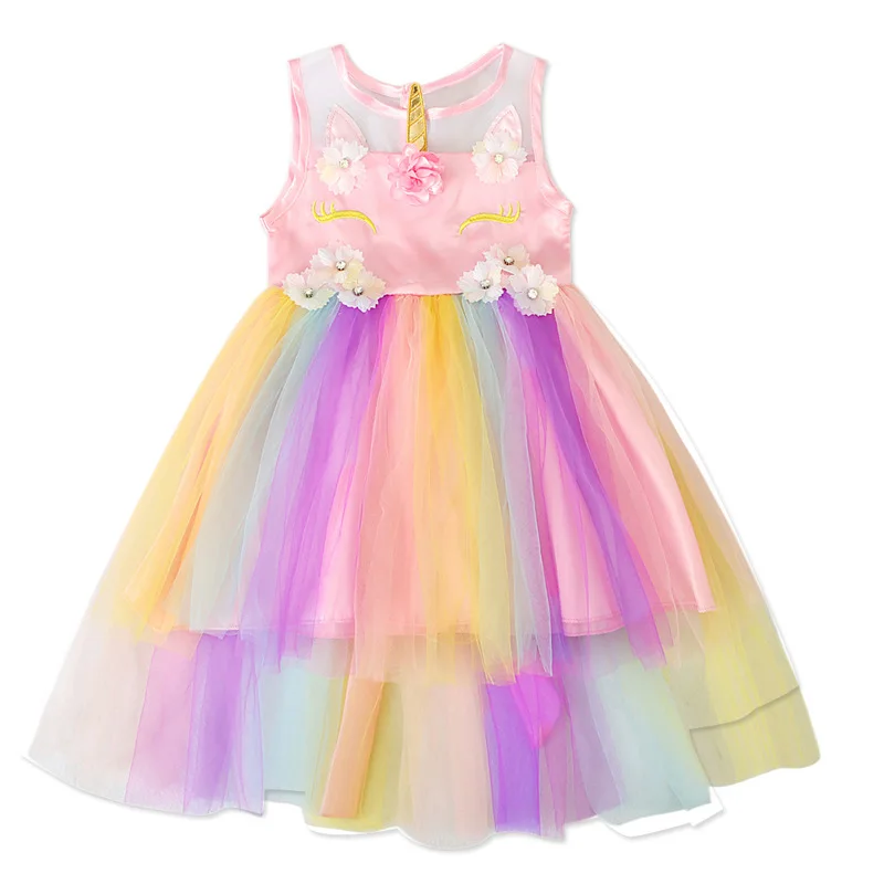 

Women's Children Europe And America Summer Sleeveless Fashion-Style Unicorn Rainbow Gauze Puffy Full Body Dress Childrenswear IN