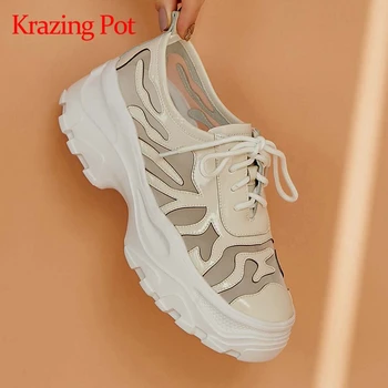 

Krazing pot thick bottom high quality handmade mixed cloth convenient dress white sneaker round toe lace up vulcanized shoes L27
