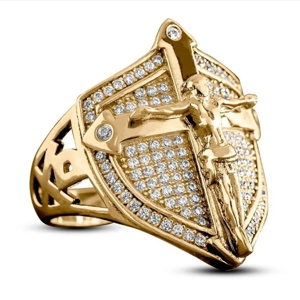 

Luxury Gold Christian Savior Jesus Cross Zircon Men Ring Motorcycle Party Hip Hop Shield Anniversary Stainless Steel Jewelry