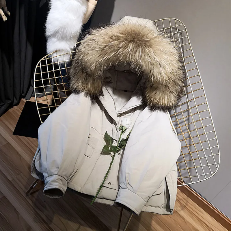 Корейская одежда зимняя куртка Женское пальто из натурального меха Меховой воротник Свободная короткая парка белая куртка-пуховик на утином пуху