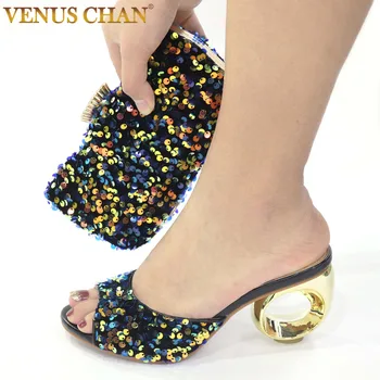 

2021 High Quality Italian Women Design Italian Women Shoes and Bag to Match in Black Color with Shinning Crystal African Ladies