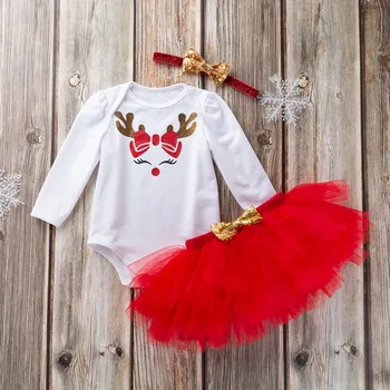 

Newborn Baby Girl Clothes Set Christmas Elk Cotton Bodysuit ROmper Tulle Skirt Headband Suit Ropa NiñA Toddler Girls Clothing