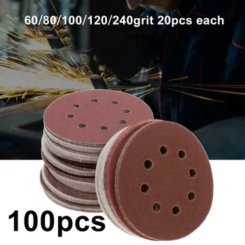 

100pcs 5 Inch 125mm Mix Grit Round Sandpaper Hook And Loop Eight Hole Disk Sand Sheets Sander Discs Polishing Pads Abrasive Tool