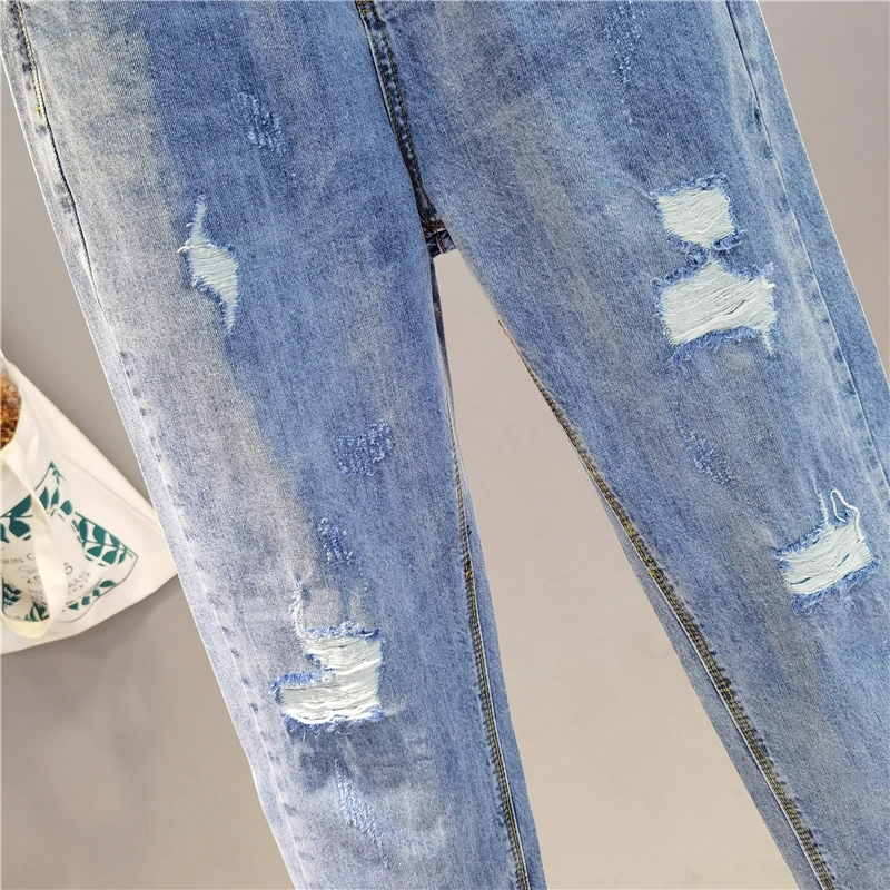 Spring New Fashion Fringed High-Waist Jeans for Women Super Fire Ripped-Style Mom Jeans Simple Village Jeans
