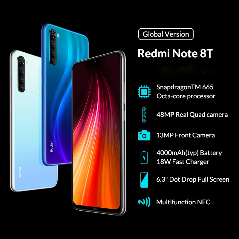 Xiaomi Redmi Note 8 T, глобальная версия, 4 Гб ОЗУ, 128 Гб ПЗУ, NFC, мобильный телефон, 48мп, четырехъядерный процессор Snapdragon 665, четыре ядра, 4000 мА/ч