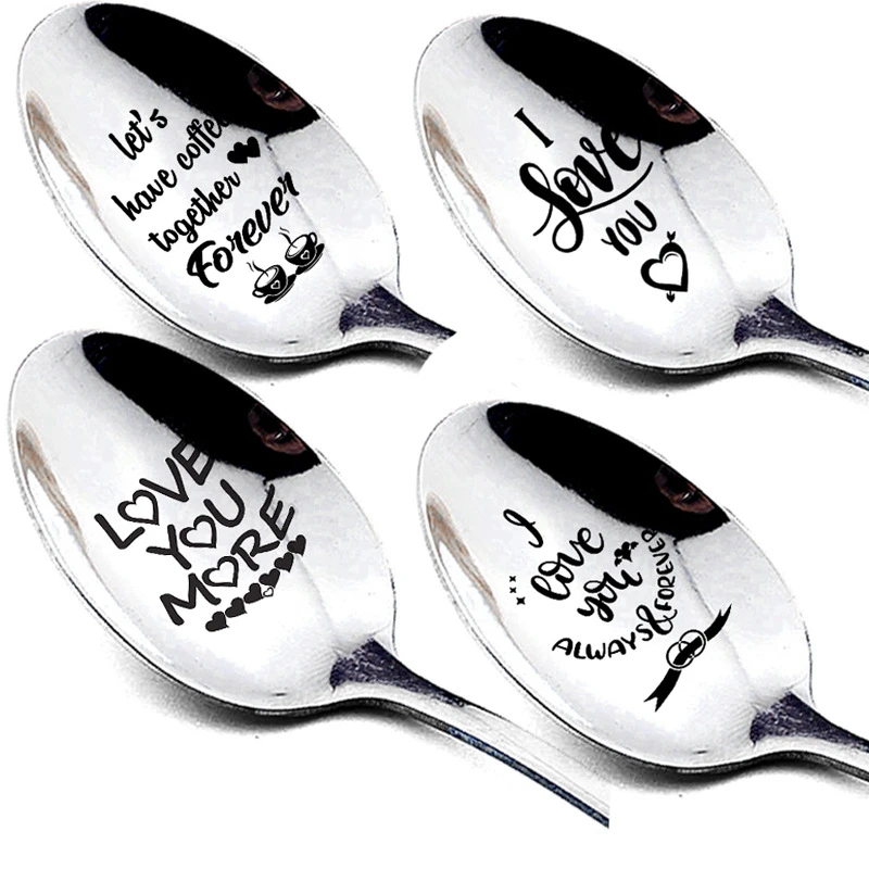 

1pc Stainless Steel 2022 Valentine's tableware Spoon with Love words Anniversary Gift Handsome man beautful Girlfriend Present