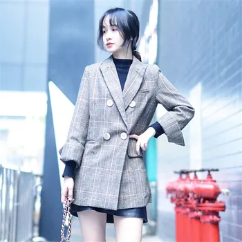 

vintage double breasted plaid women blazer retro suits coat feminino blazer outwear women jacket korea spring autumn P724