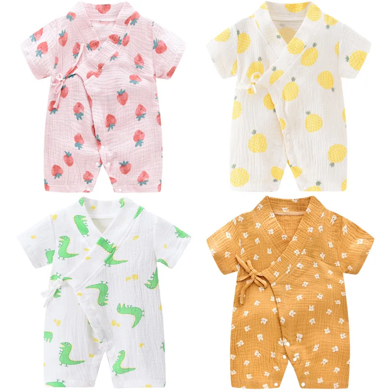 Kimono Robe Newborn Cotton Yarn Robe Infant Baby Short Sleeve Romper Pajamas with Cute Pattern
