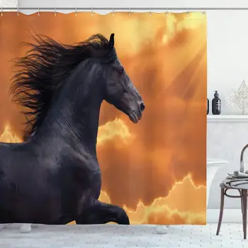 

JoneAJ Horse Shower Curtain Galloping Black and White Fancy Horse Portrait Fierce Intensity Honor Grace Theme Microfiber