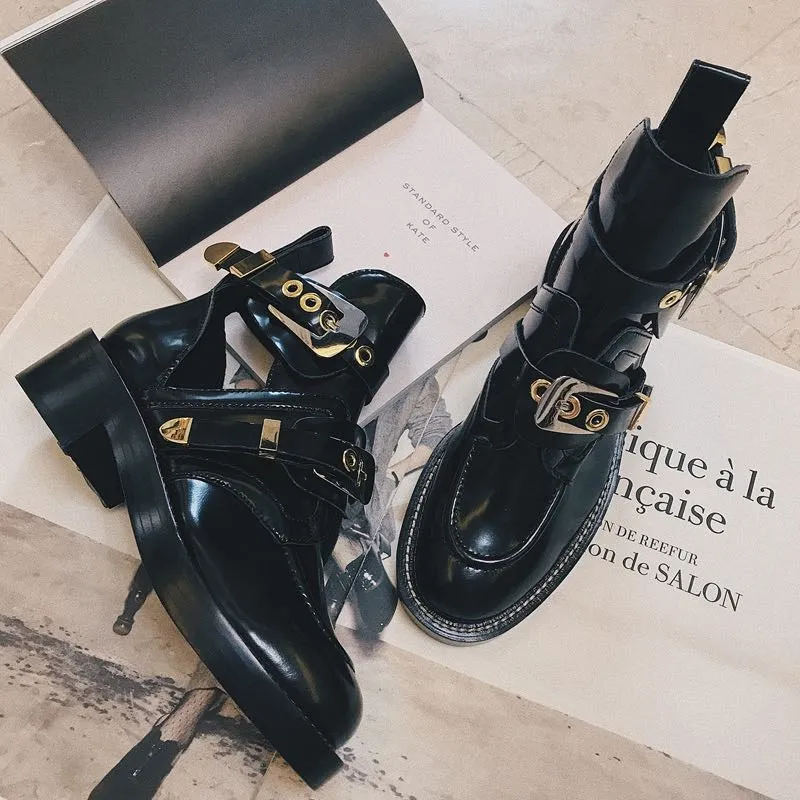 britânico cabeça redonda oco botas all-match retro botas de motocicleta feminino