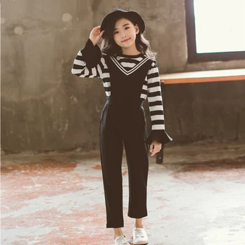 

Cuhk Children's Set Leisure Striped Top And Suspender Trousers Girls Outfits Brand Teenager Girl Cotton Blend Pullover Kids Suit