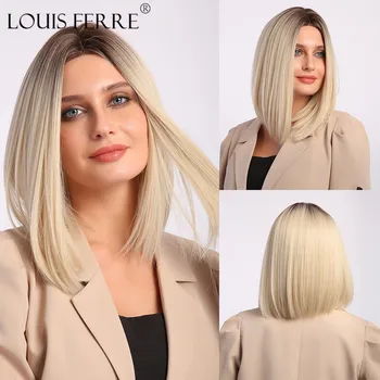 

LOUIS FERRE Ombre Brown Blonde Hair Wig Shoulder Length Straight Bob Synthetic Wigs for Women Natural Daily Heat Resistant Fiber