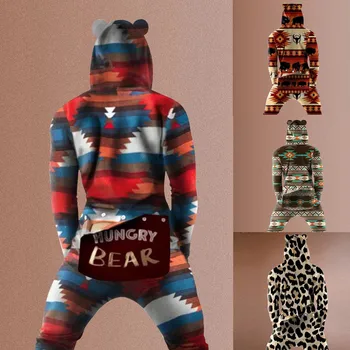 Pijama para hombre con estampado de leopardo 3D, moda, de solapa trasera, botón trasero, para casa, mono para adultos, mono de dormir, más vendidos