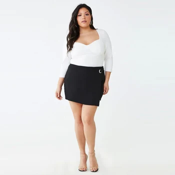 

Plus Size Black Casual Split Detail Women Plus Size Shorts Skirts 2019 Summer Zipper Back Mid Waist Shorts