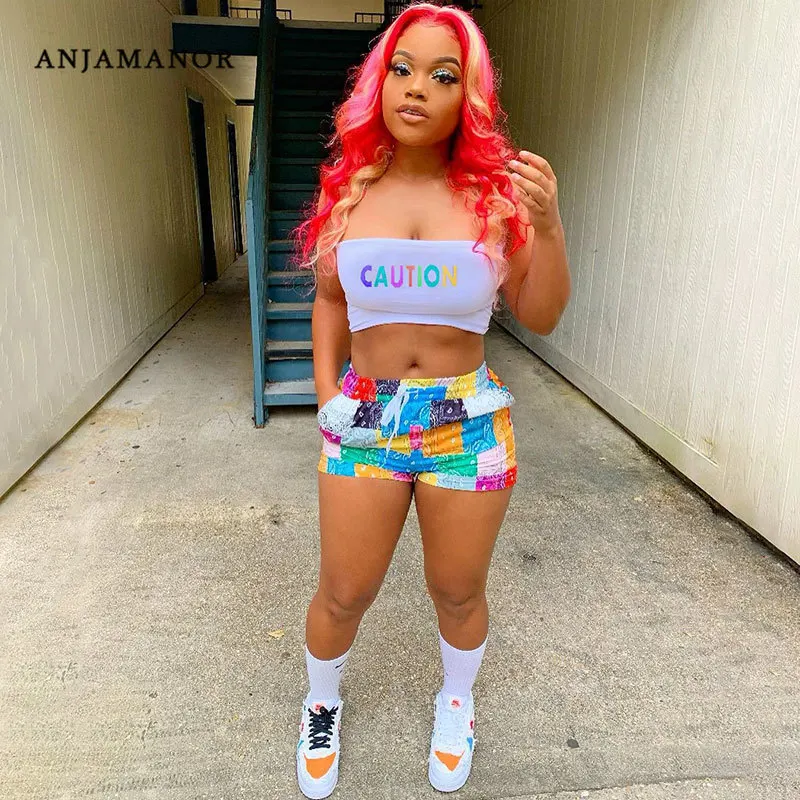 ANJAMANOR-pantalones cortos Bandana de colores para mujer, Top corto de dos piezas, ropa de fiesta de cumpleaños, trajes de chándal de estilo callejero, D18-CC17