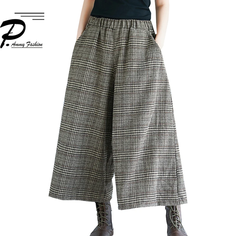 

Plus Size Women's Plaid Print Pants 2019 Autumn Winter Vintage Wide Leg Trousers Female Checkered Casual Cropped Trousers
