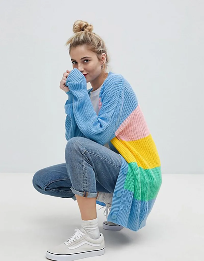 Fitshinling многоцветный лоскутный зимний длинный женский кардиган одежда тонкий Boho пуговицы кардиганы женские трикотажные куртки