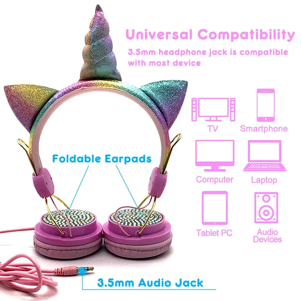 Cute Unicorns Wired kidsHeadphone Music Stereo Earphone for Computer Mobile Phone Gaming Headset Kid Girls Daughters Gift