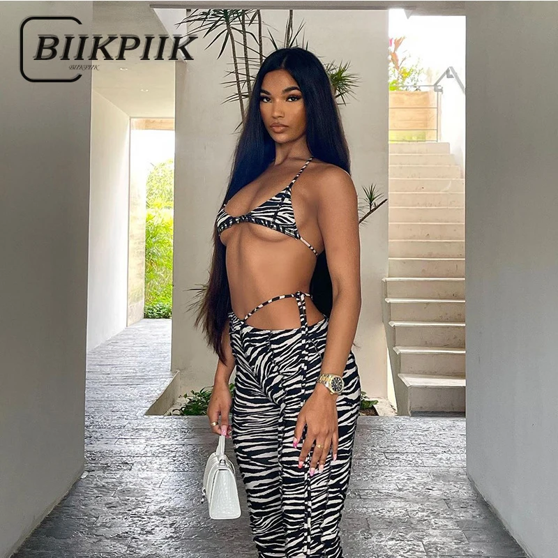 BIIKPIIK-Conjunto de 2 piezas formado por Top y pantalón, ropa de descanso, informal, con cordón, cuello Halter