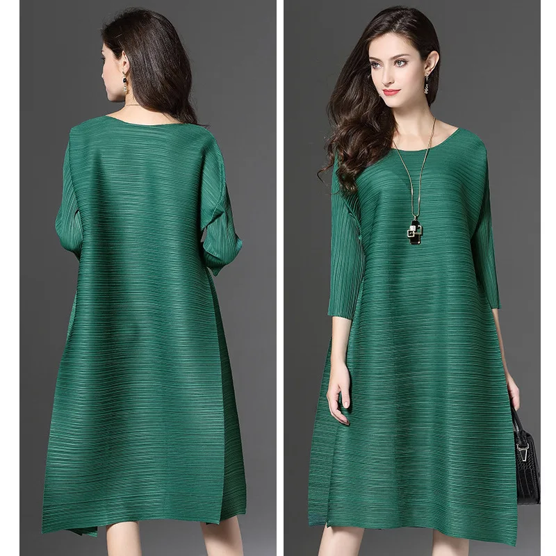 Женское весеннее платье размера плюс, однотонное, эластичное, Miyake, плиссированное, свободное, с круглым вырезом, с коротким рукавом, элегантное платье для женщин, weight45-80kg