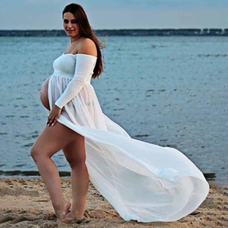 

Maternity Dress Solid Color Long Maxi Gown Pregnant Dress Tube Top Chiffon Joint Slit-Front Pregnant Women Mopping