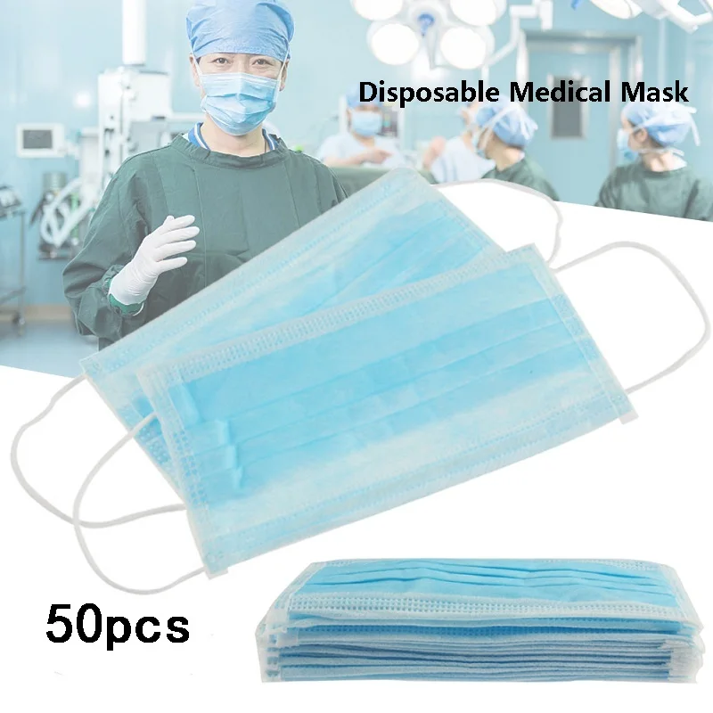 

100pcs/set Disposable Face Masks Non Woven 3 Layers Medical Surgical Windproof Proof Flu Face Mouth Cover Antiviral Anti Dust