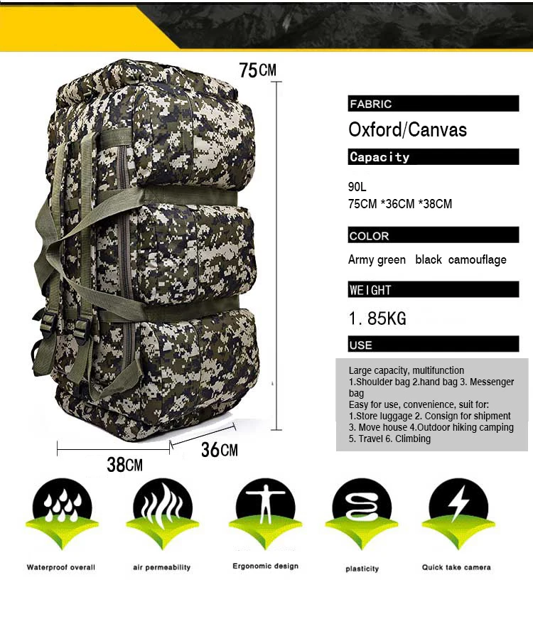 Outdoor Bags Men's Military Tactical Waterproof Backpack 90L Large Capacity Oxford Hiking Camping Wear-resisting Backpacks