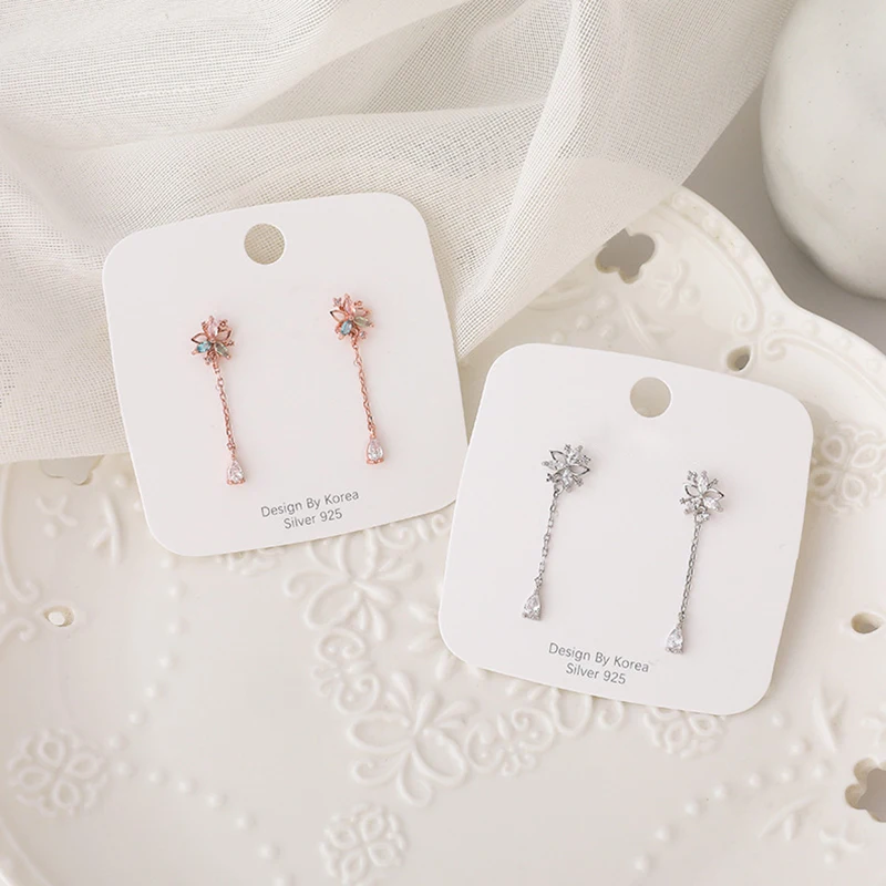 Exquisite Korean Micro Paved Cubic Zircon Dangle Earrings For Women Girls Pink Green Blue Color Rhinestone Flower Earrings Gift