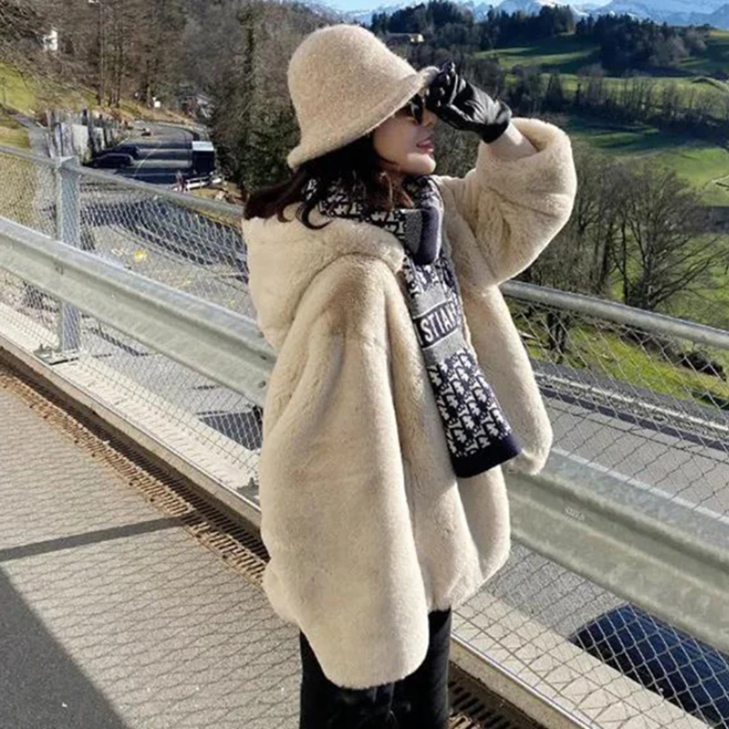 Gretsch即納可 女性のフェイクウサギコート 厚手の冬の毛皮のコート 膝下