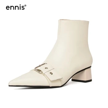 

ENNIS 2019 Autumn Winter Boots Female Genuine Leather Women Boots Pointed Toe Buckle Boots Square Heel Shoes Black Beige A9298