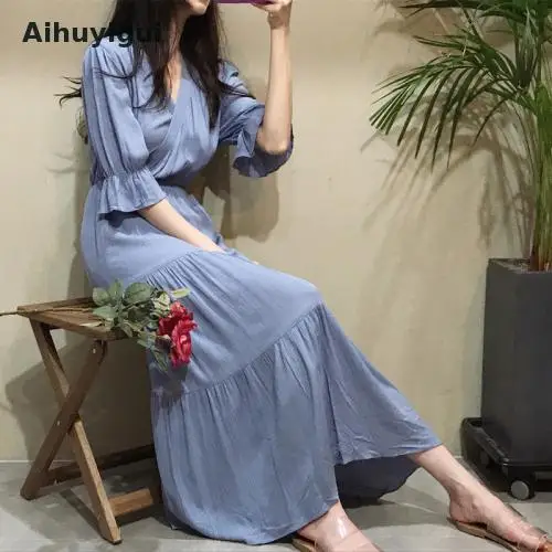 Aihuyigui2019 женское гофрированное полурасклешенное платье с длинным рукавом повседневное v-образный вырез с высокой талией синий черный белый шить плиссированное платье Ru269