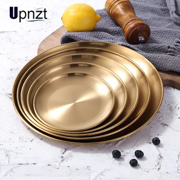 

Stainless Steel Gold Plate Round Dessert Western Food Cake Plate Coffee BarbecueTray Accessories Storage Tray