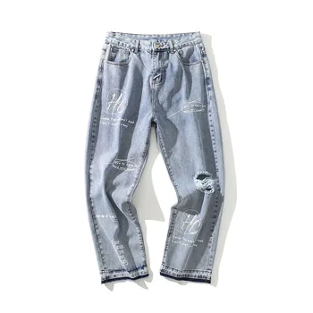 

Autumn New Streetwear Fashion Retro Washed Hole Jeans Pants Mens Personality Letter Print Denim Frayed Pantalon Homme Trousers