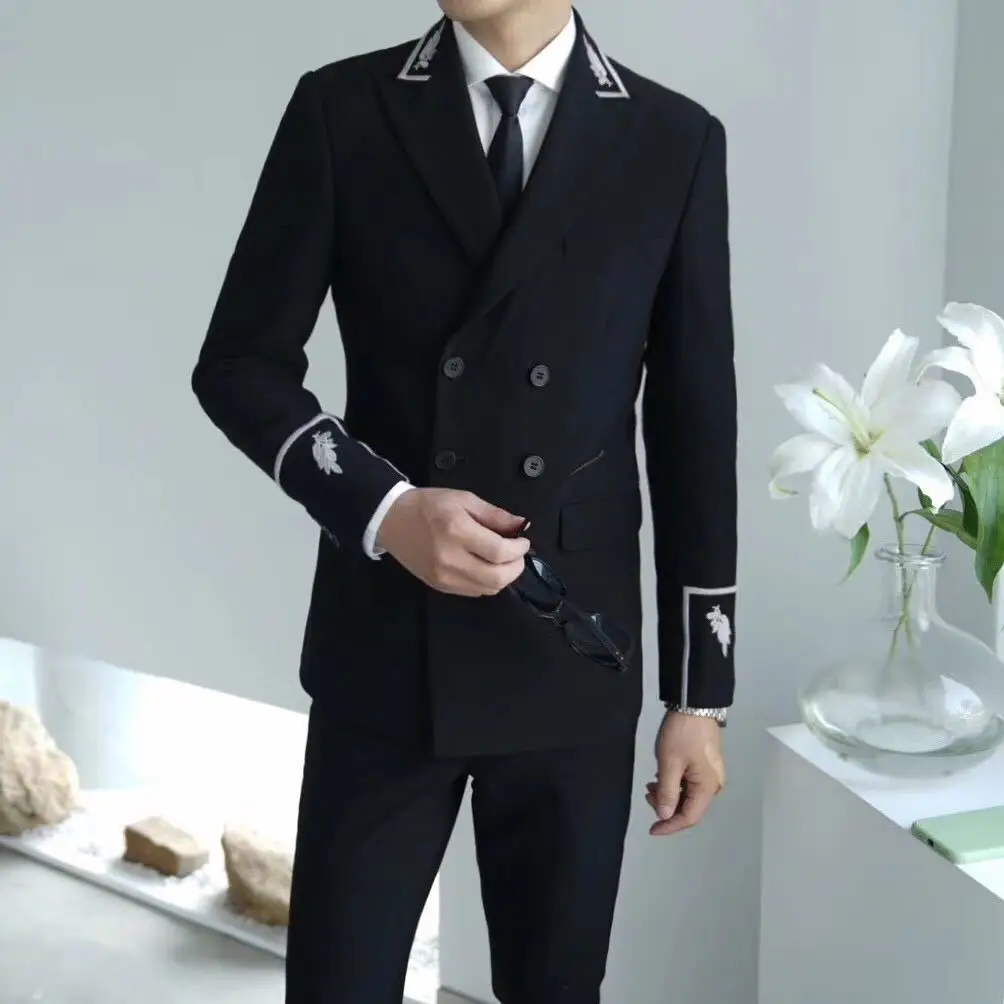 

Both Row Buckle Man's Suit Self-cultivation Trend Personality Embroidery Man's Suit Male Smoking Homme Mariage Men Tuxedo Suit