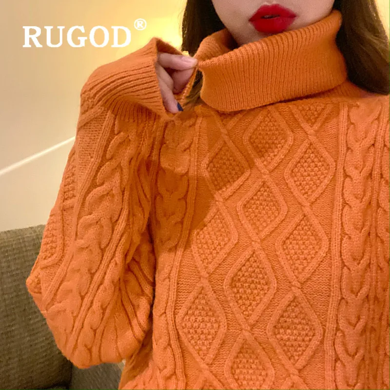 RUGOD свитер с высоким воротом, однотонный пуловер, джемпер с крученым узором, зимние топы для женщин, пушистый трикотаж размера плюс, корейский стиль, осень