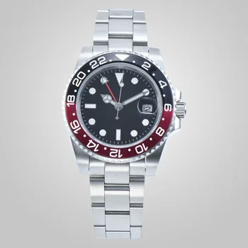 

automatic wristwatch 40 mm GMT red and black bezel sapphire glass sterile black dial stainless steel for watch movement
