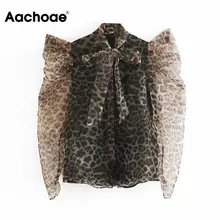 Женские винтажные блузки из органзы с леопардовым принтом,, модные блузки с бантом и воротником-бабочкой, блуза с пышными рукавами, рубашка, шикарный сексуальный прозрачный топ
