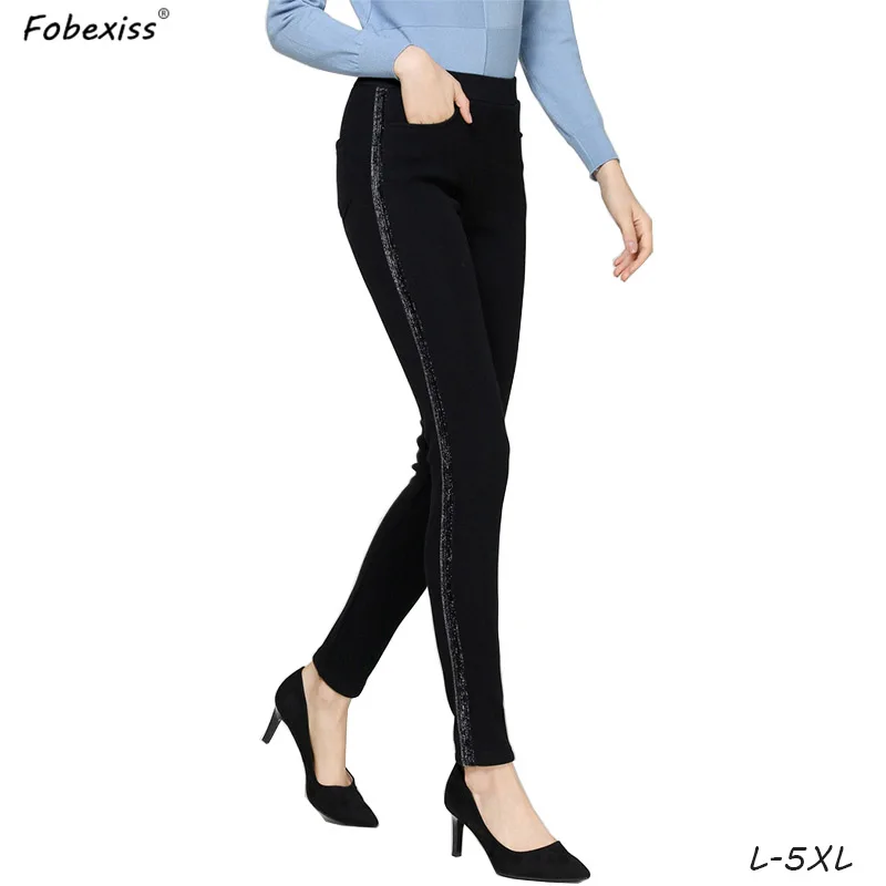 Black Leggings Черные бархатные толстые леггинсы до щиколотки 5XL размера плюс теплые леггинсы с вышивкой облегающие эластичные узкие брюки женские зимние леггинсы - Цвет: Black Leggings