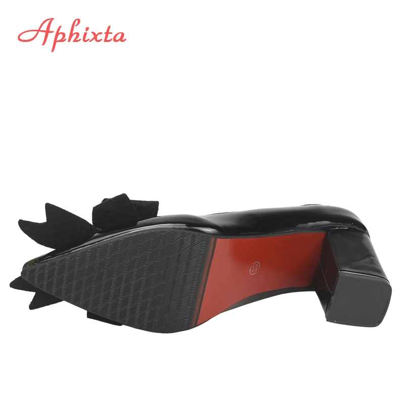 Aphixta Elegant Square Heels Patent Leather Official Pumps Women Bling Sequins Butterfly-knot Pointed Toe Dress Shoes Woman