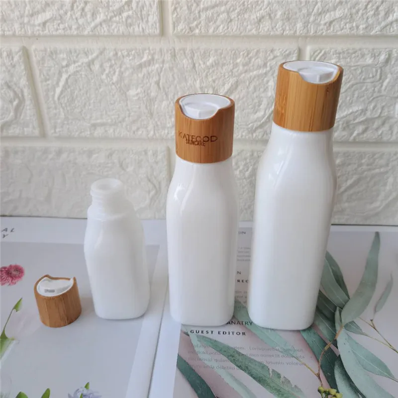 

wholesale cosmetic containers 40ml 100ml 120ml white sqaure porcelain bottle empty lotion bottles with bamboo wood lid