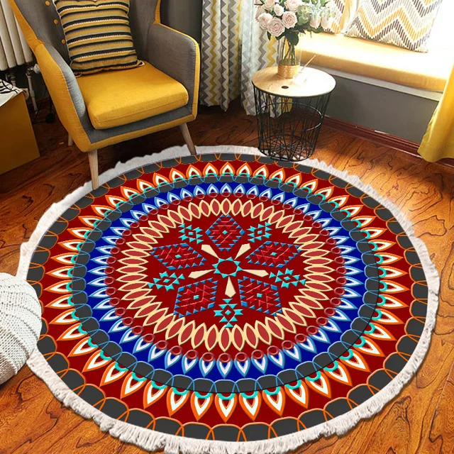​Home Decor Retro Bohemian Round Carpet Hand Woven Cotton Linen Carpet Rug Bedside Rug Geometric Floor Mat Living Room Carpet T