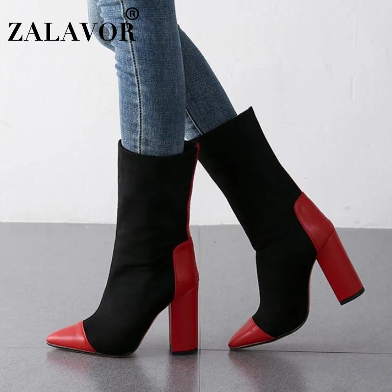 

ZALAVOR New Women Mid Calf Boots Fashion Mixed Color Pointed Toe High Heels Shoes Winter Warm Women Footwear Size 34-43